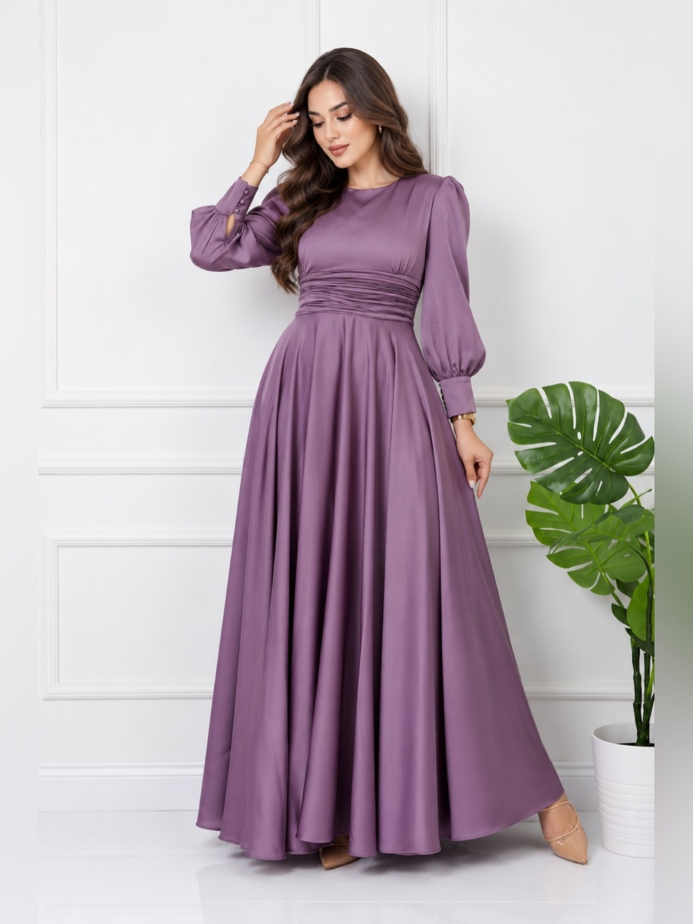 Satin Mauve Maxi Dress with Gathered Waist